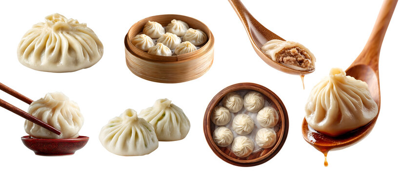 Set of Xiao Long Bao baozi, tangbao, soup dumplings, Chinese steamed bun, broth and meat filling, spoon chopstick, steam boil isolated on transparent cutout PNG. Many different Mockup template	
