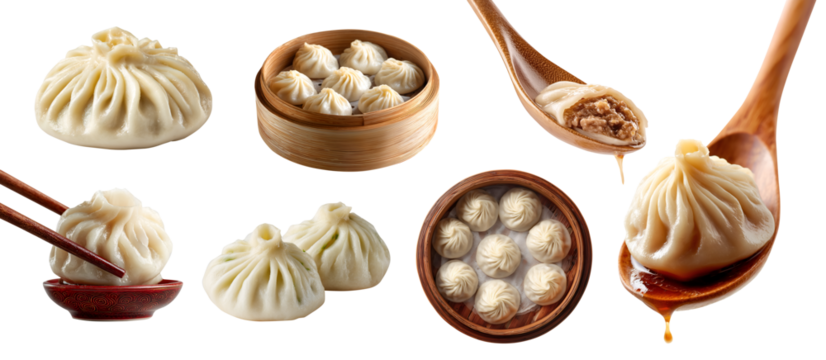 Set of Xiao Long Bao baozi, tangbao, soup dumplings, Chinese steamed bun, broth and meat filling, spoon chopstick, steam boil isolated on transparent cutout PNG. Many different Mockup template	
