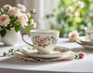 A delicate floral porcelain teacup and saucer with gold trim sit on a lace napkin, surrounded by fresh pink roses in a sunlit setting, evoking elegance and vintage afternoon tea charm.

