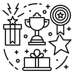 Achievement and recognition icon pack in line art for use in SaaS platforms, gamified apps, or HR dashboards. Highlights include trophy icons, leaderboards, certification badges, and task completion 