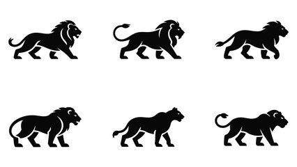 set of six black lion silhouettes in different walking poses with varied mane styles and majestic posture, isolated on white background