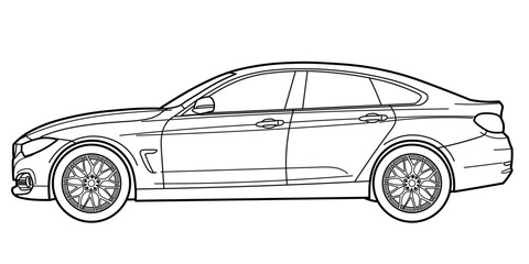 Classic business class sedan car. 4 door car on white background. Side view shot. Outline doodle vector illustration	