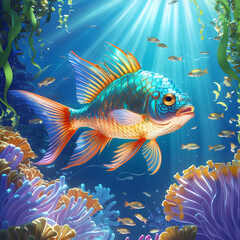 Naklejka premium Vibrant Tropical Fish Surrounded by Coral Reefs