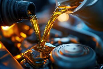 Automotive engine oil pouring into engine garage workshop closeup image industrial environment macro view fluid mechanics concept