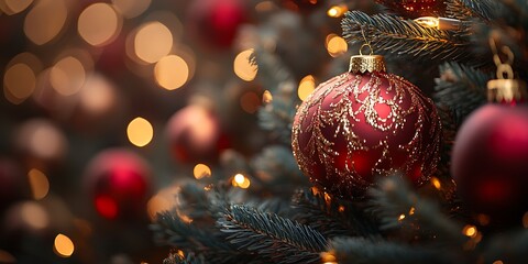 Festive Red Ornament on Christmas Tree with Warm Lights