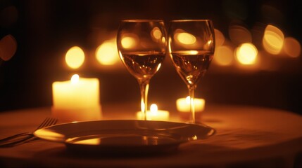 Romantic candlelit dinner setting with elegant wine glasses, warm glowing candles, empty plate, fork and knife, soft bokeh lights, and cozy ambiance.