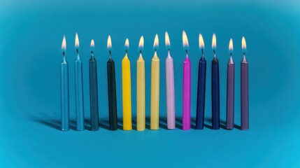 Neat row of twelve slender lit candles with distinct colors on a solid blue background, transitioning from light blue to purple, softly flickering flames casting gentle shadows.