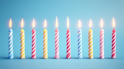 Ten lit birthday candles in a straight line against a light blue background, featuring spiral patterns with blue, yellow, pink, and red color combinations, bright flickering flames, 