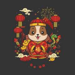 Adorable Cartoon Dog in Traditional Chinese New Year Outfit with Lanterns, Firecrackers, and Auspicious Symbols Festive Lunar New Year Celebration Vector Art Design 