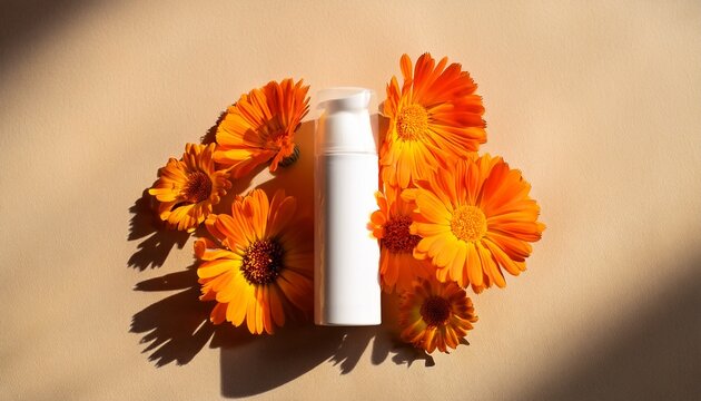 white cosmetic tube with calendula flowers on beige background in warm sunlight