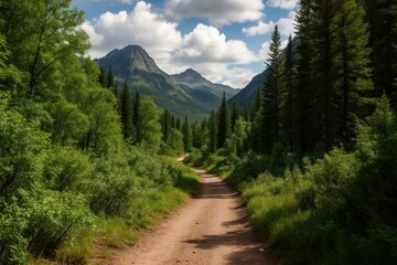 Obraz premium Serene mountain forest trail view.
