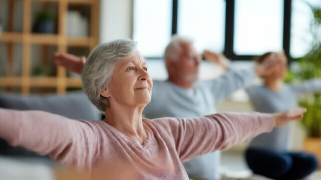 Senior people stretching in a relaxed indoor setting day group wellness activity positive wellbeing health fitness exercise