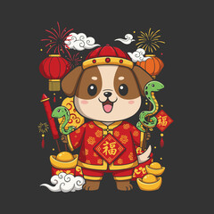 Adorable Cartoon Dog in Traditional Chinese New Year Outfit with Lanterns, Firecrackers, and Auspicious Symbols Festive Lunar New Year Celebration Vector Art Design 