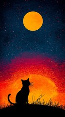 Fototapeta premium Dreamy Night Cat Wallpapers A cat silhouetted against a vibrant sunset. Celestial Feline Aesthetic Whimsical Pet Skyscapes
