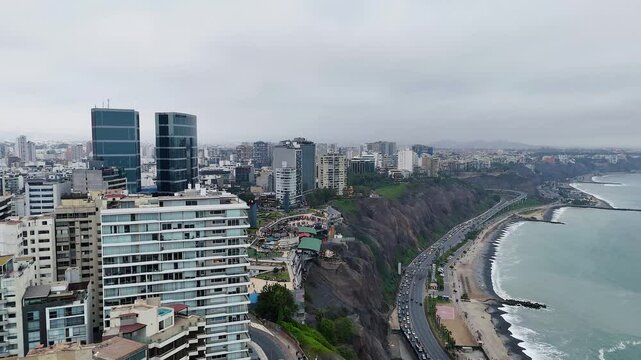 Aerial Drone View of Larcomar and Miraflores Business District Overlooking the Pacific