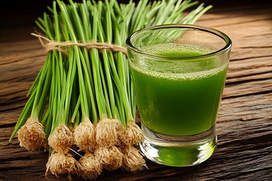 Vibrant wheatgrass elixir served with fresh bundle on wooden backdrop