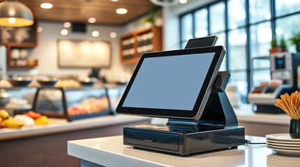 Blank touch cash register terminal in catering facilities. bar and restaurant, payment system	