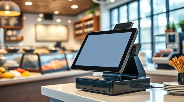 Blank touch cash register terminal in catering facilities. bar and restaurant, payment system