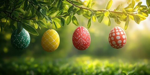 Colorful decorated eggs hanging from a branch in a sunny garden setting during spring season