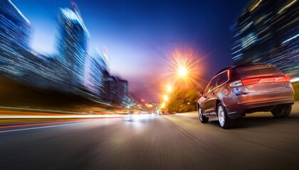 Fototapeta premium blurred motion of car with bokeh from city lights creating vibrant nighttime atmosphere