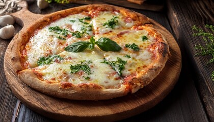 aromatic pizza with melted cheese and herbs on rustic wooden board