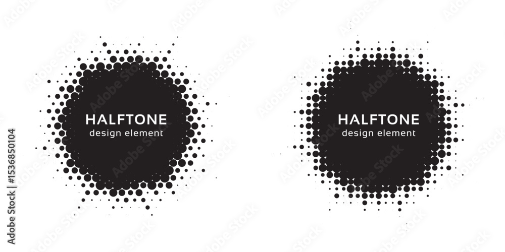Aufkleber Halftone circle frame background set. Round border Icon using halftone random circle. Grunge circular stain. Vector illustration.