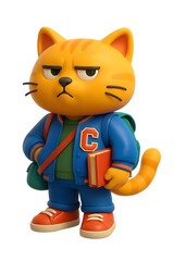 3D cartoon of a moody orange cat dressed as a student holding a book and wearing a varsity jacket.