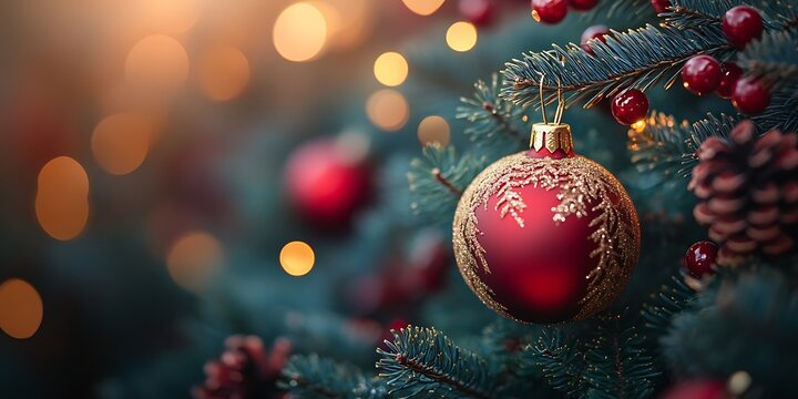 Festive Red Ornament on Sparkling Christmas Tree