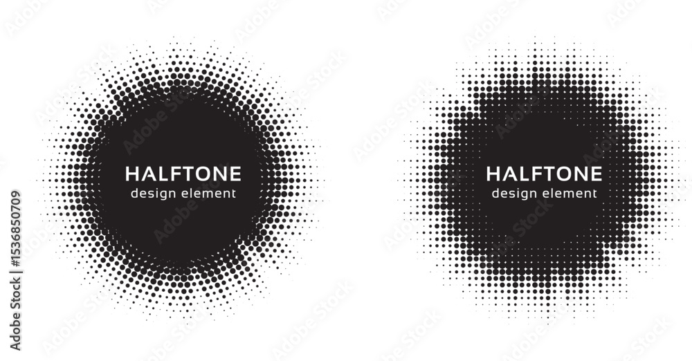 Aufkleber Halftone circle frame background set. Round border Icon using halftone random circle. Grunge circular stain. Vector illustration.