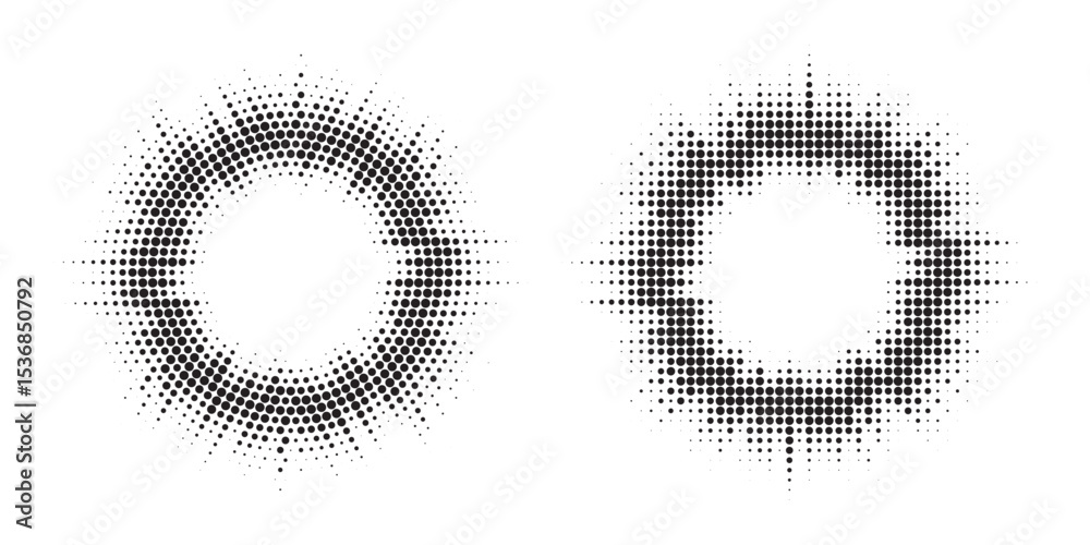 Aufkleber Halftone circle frame background set. Round border Icon using halftone random circle. Grunge circular stain. Vector illustration.