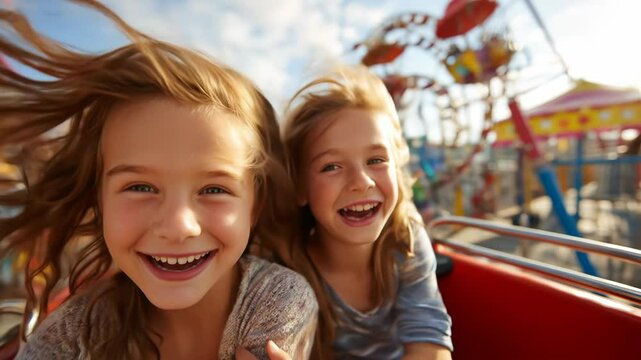 Two joyful girls laugh on a carnival ride showcasing the fun of family entertainment at a sunny outdoor attraction