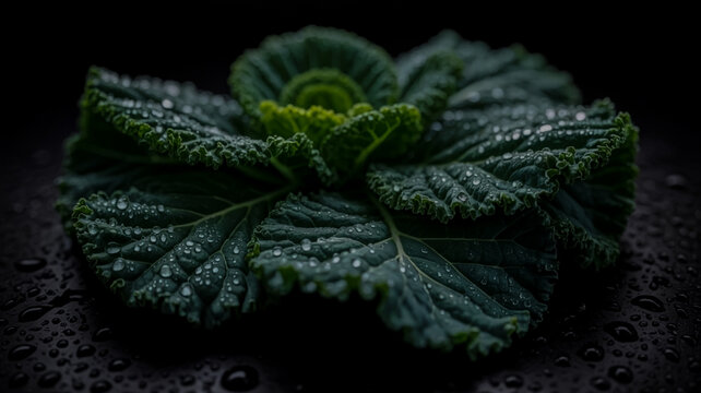A close-up macro photograph of fresh green kale leaves with water droplets on their surface.