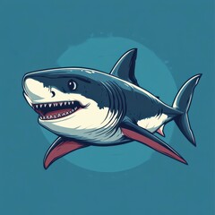 Impressive great white shark swimming in ocean depths with vibrant blue background