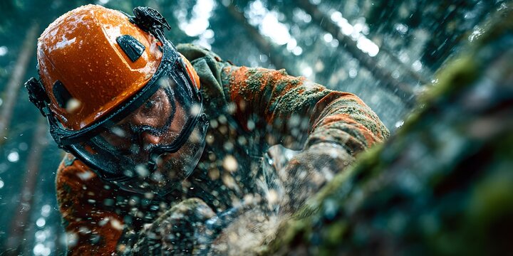 Dynamic low-angle shot of an arborist in full safety gear, intensely focused while cutting a large tree with a chainsaw as sawdust flies.