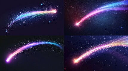 Four colorful comet or meteor trails against a dark night sky, full of glittering stars