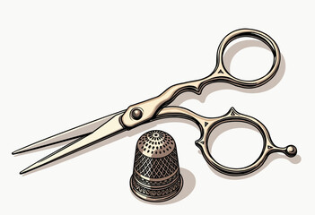 A classic still life illustration of essential sewing tools, featuring a pair of tailor's scissors and a metal thimble for dressmaking and haberdashery concepts.
