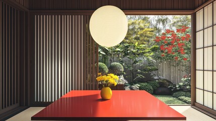 Japanese-style room with garden view.  A minimalist interior with a red table, yellow flowers, and a large, light-colored, round pendant light.  Wooden walls and sliding panels.  