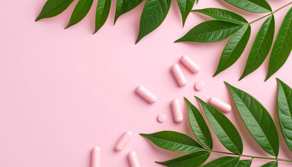 Pink capsules scattered on a pastel background with lush green leaves, aesthetic pink background flat lay with tropical leaves