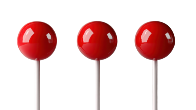 Bright red lollipops stand in a row against a clean white background, inviting sweet indulgence for candy lovers of all ages at any time of the day.