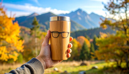 A person in a gray sleeve holds a wooden travel mug with glasses design. Autumn mountains and colorful trees are in the background
