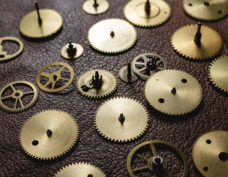  A detailed close-up of various brass watch gears arranged on a textured leather background. The intricate details and varying sizes of the gears highlight the craftsmanship and complexity of mechanic