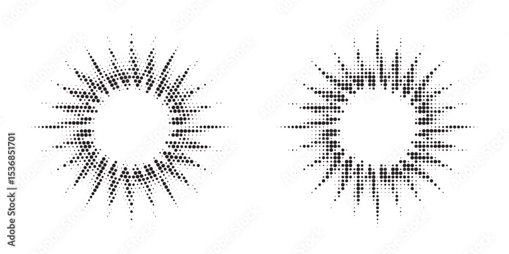 Poster Halftone circle frame background set. Round border Icon using halftone random circle. Grunge circular stain. Vector illustration.