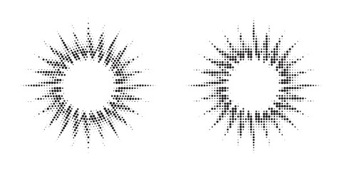 Halftone circle frame background set. Round border Icon using halftone random circle. Grunge circular stain. Vector illustration.
