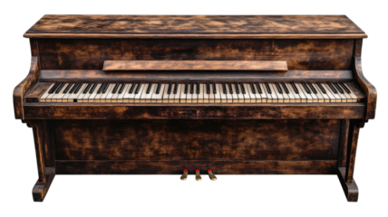 Rustic wooden piano with a weathered finish displayed in a cozy room, evoking nostalgia and a passion for music.