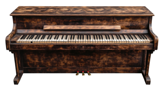 Rustic wooden piano with a weathered finish displayed in a cozy room, evoking nostalgia and a passion for music.