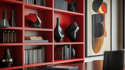 Red Bookshelf with Decor
