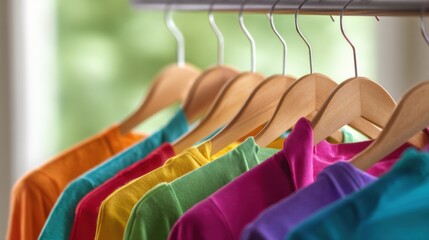 Vibrant rainbow-colored t-shirts neatly hung on wooden hangers with orange, blue, red, yellow, green, pink, and purple hues, suspended from a metal rod in a bright, cheerful indoor setting.