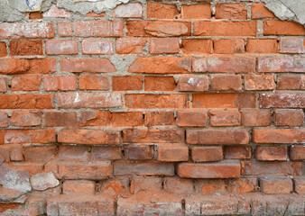 Textured brick wall showcasing various shades of red and orange with visible mortar joints in natural light