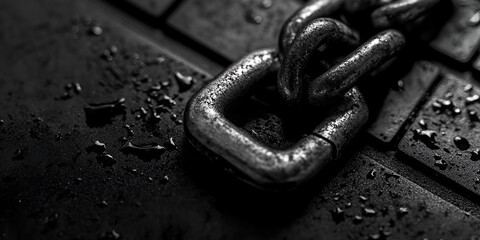  Close-Up of Chain Link on Black Background | Dark and Metallic Chain Link on Black Surface | Macro Shot of Chain Link with Reflection on Dark Surface