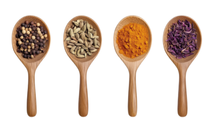 Vibrant spices displayed in wooden spoons showcasing the rich diversity of flavors for culinary exploration and cooking inspiration.